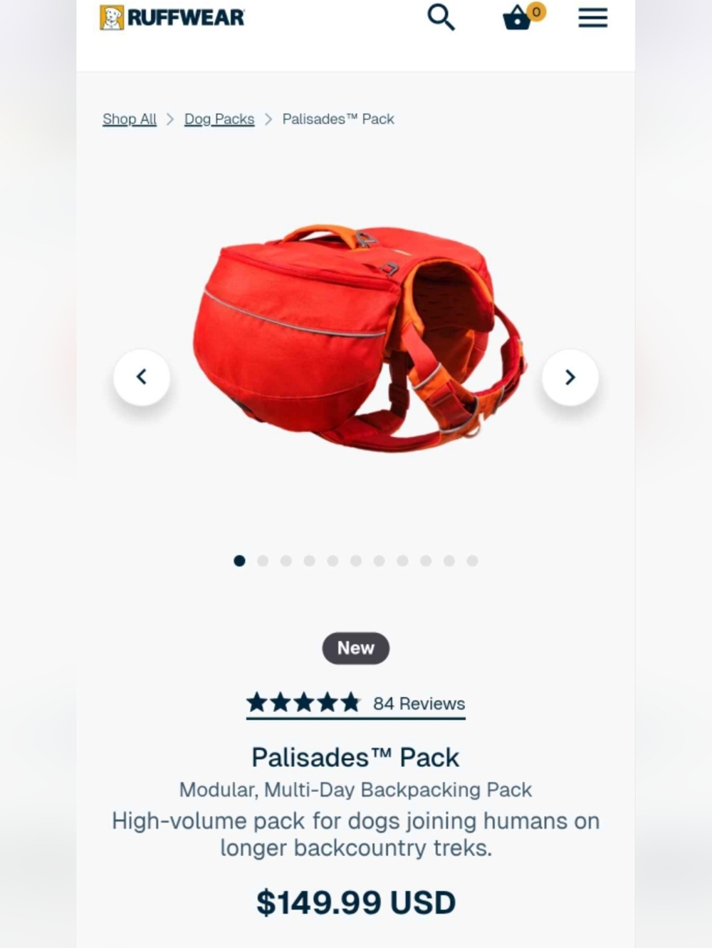 Red ruff wear Palisades L/XL dog backpacking harness and pack